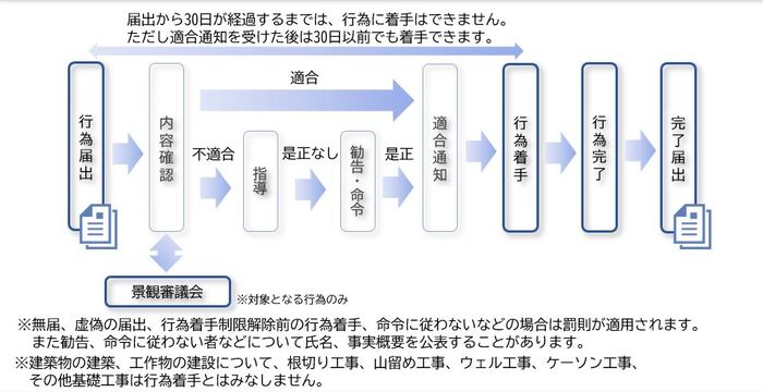 届出の流れ。届出から30日が経過するまで行為の着手はできません。ただし適合通知を受けた後は30日以内でも着手できます。。