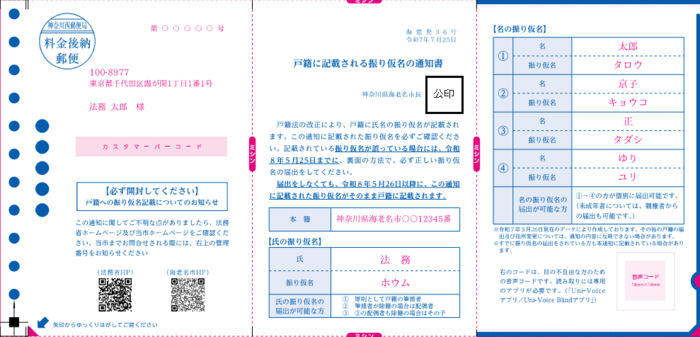 戸籍に記載される振り仮名の通知書見本